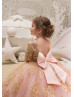 Elbow Sleeves Gold Lace Tulle Long Flower Girl Dress